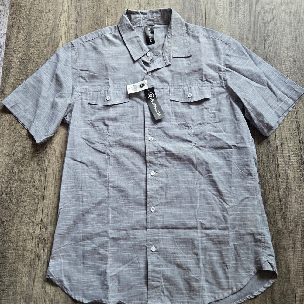 Burnside Mens Short Sleeve Button Up Shirt Grey Crosshatch Large NEW